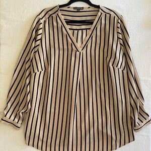 Adrianna Papell Black Tan Striped V Neck Long Sleeve Blouse Size 1X